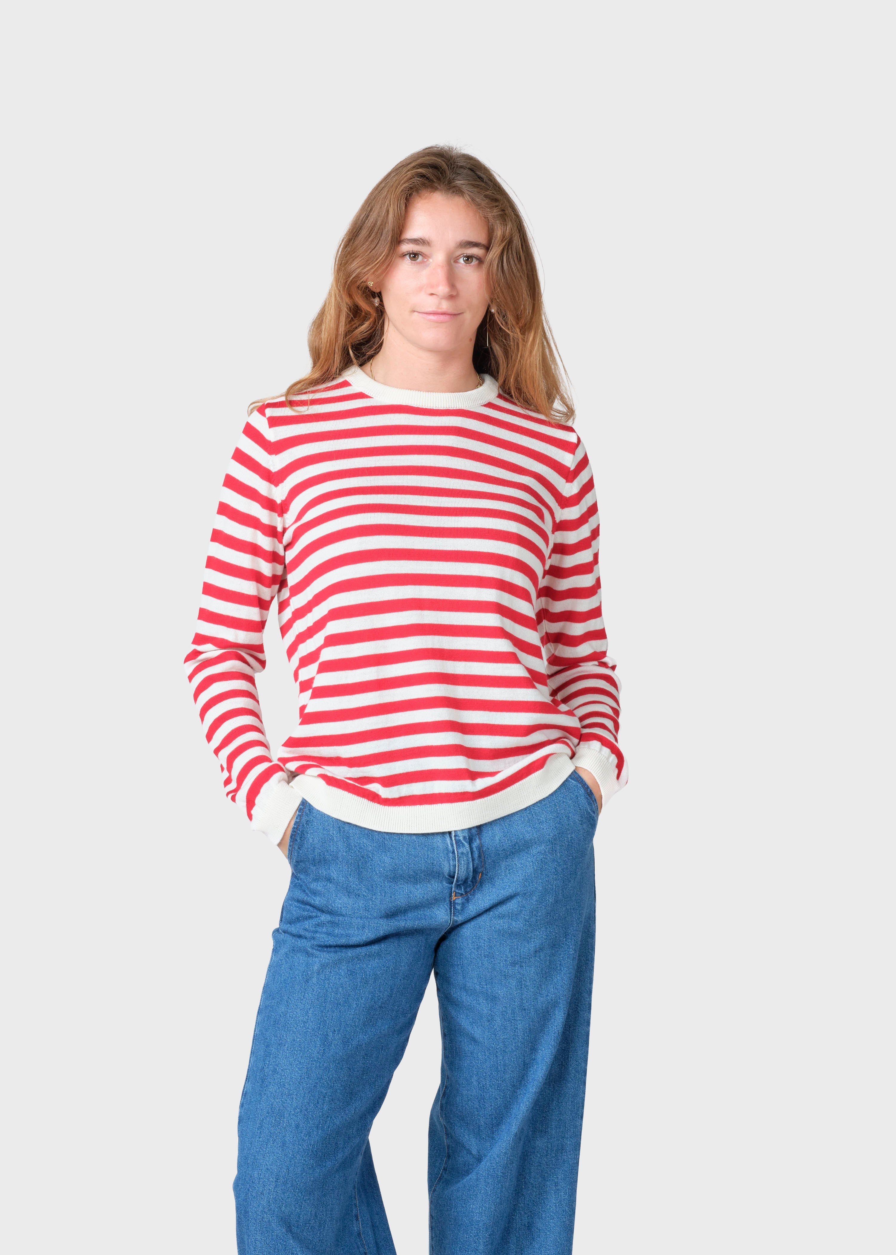 Womens Basic Stripe Merino Knit - Cream/red