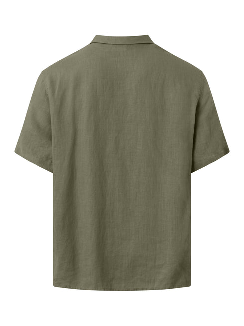 KnowledgeCotton Apparel - Box fit kortärmad linneskjorta GOTS/Vegan - Burnt Olive