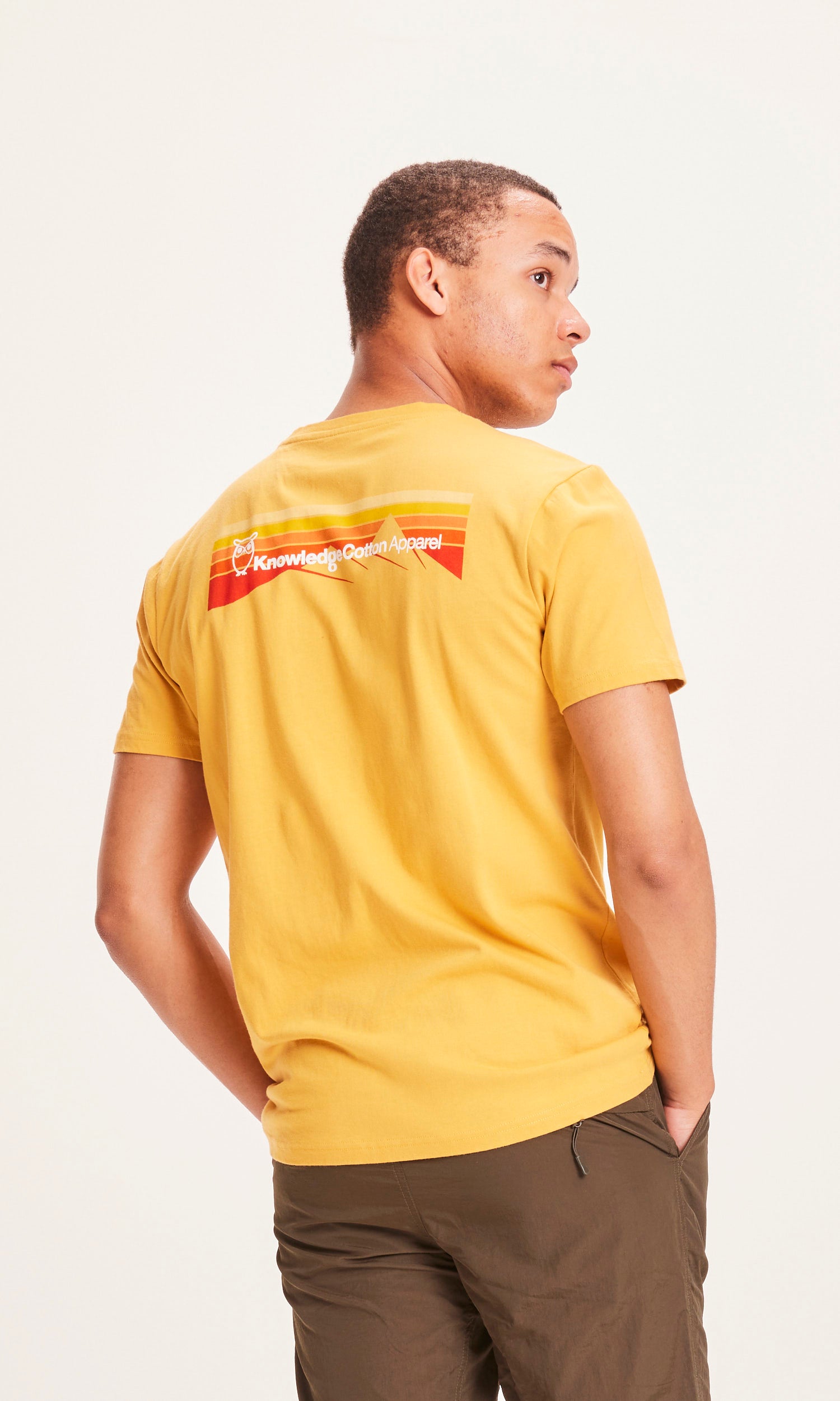 KnowledgeCotton Apparel ALDER trademark mountain back printed tee, Honey Gold