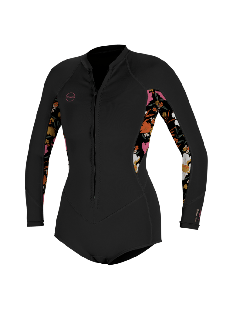 Oneill Wms Bahia 2/1 Front Zip L/S Kort fjäder - svart/bluemchen/svart
