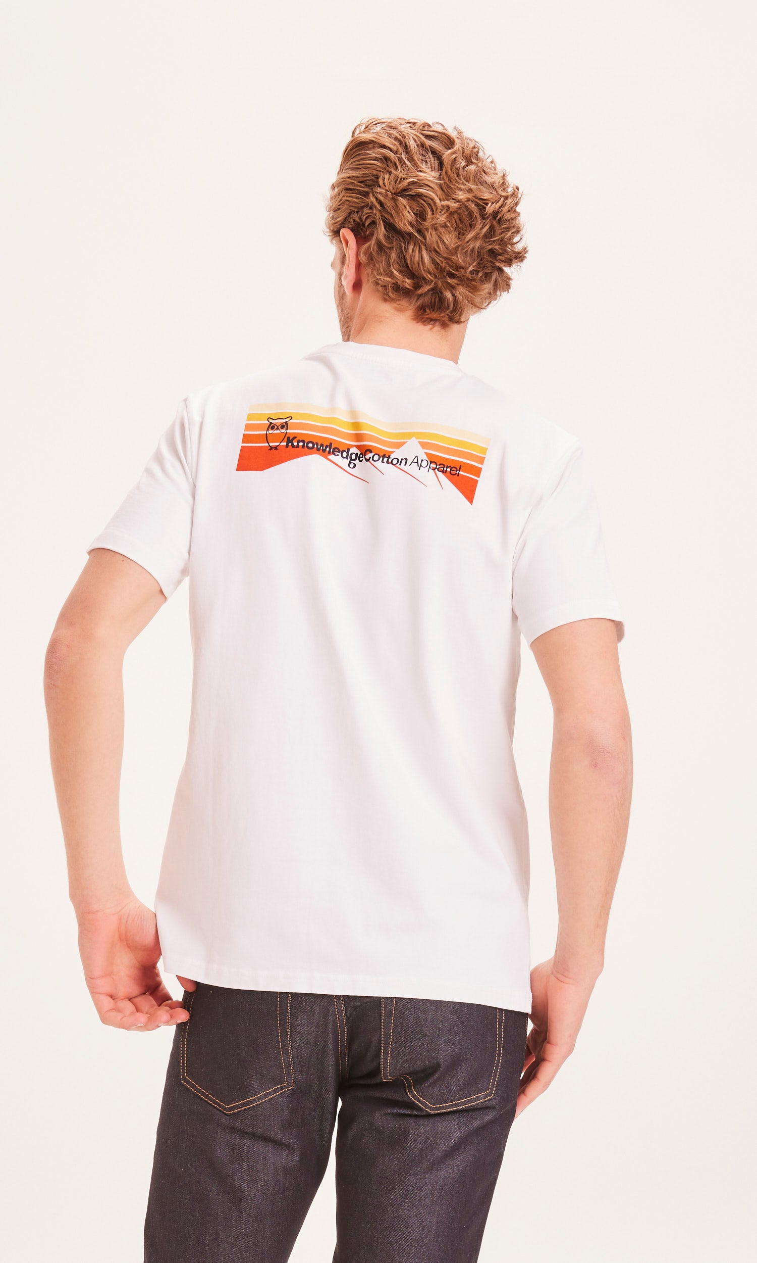 KnowledgeCotton Apparel ALDER trademark mountain back printed tee, Bright White