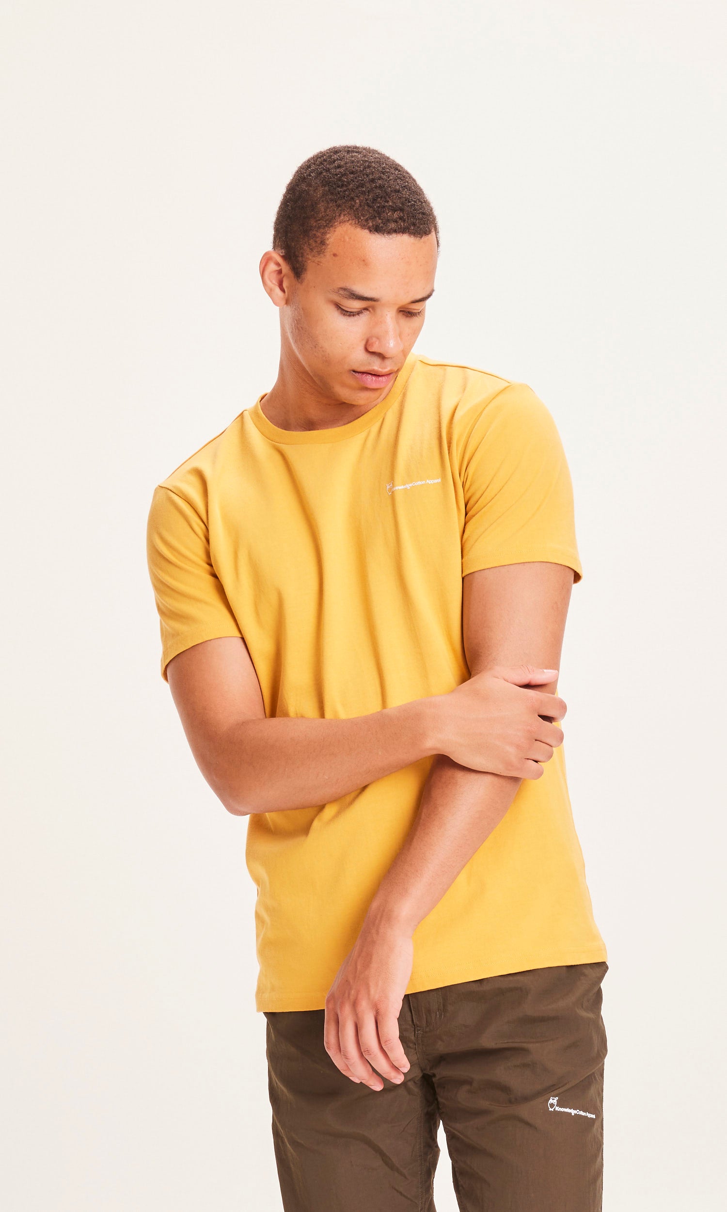 KnowledgeCotton Apparel ALDER trademark mountain back printed tee, Honey Gold